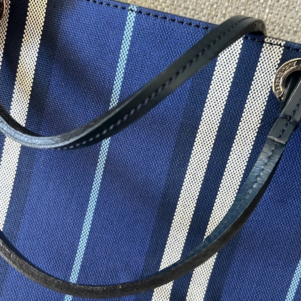 Burberry Navy Blue Striped Tote with Black Leather Pocket - Picture 5 of 12
